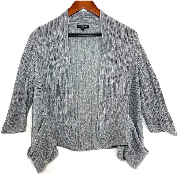 Eileen Fisher 1X Gray Cardigan Linen Silk Marled Pockets Neutral 3/4 Luxury Posh - Picture 1 of 9